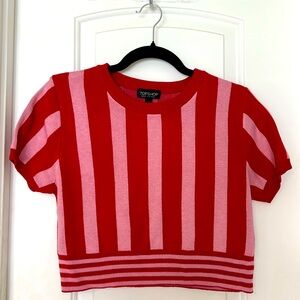 Top Shop Short Short Sleeve Cropped Sweater, size 10, Red and Pink Stripes